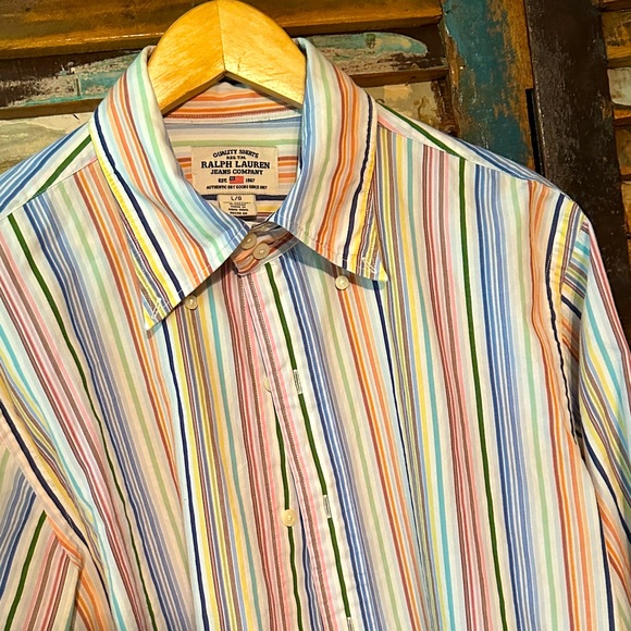 Classic Ralph Lauren Men's Shirt Colorful Stripes Medium Double Button collar - Picture 1 of 6